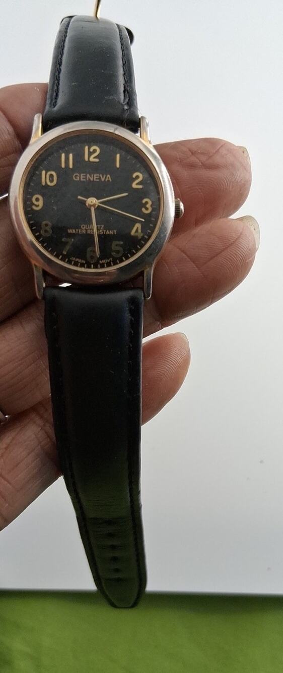 Vintage Geneva Two Tone Black Dial Gold Numerals Black Leather Watch 3159
